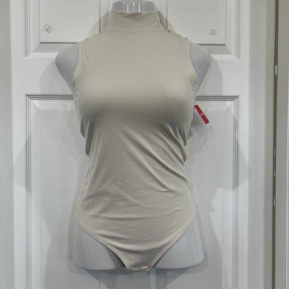 Spanx Ribbed Mock Neck Bodysuit Women's M Tummy Control Sleeveless Parchment